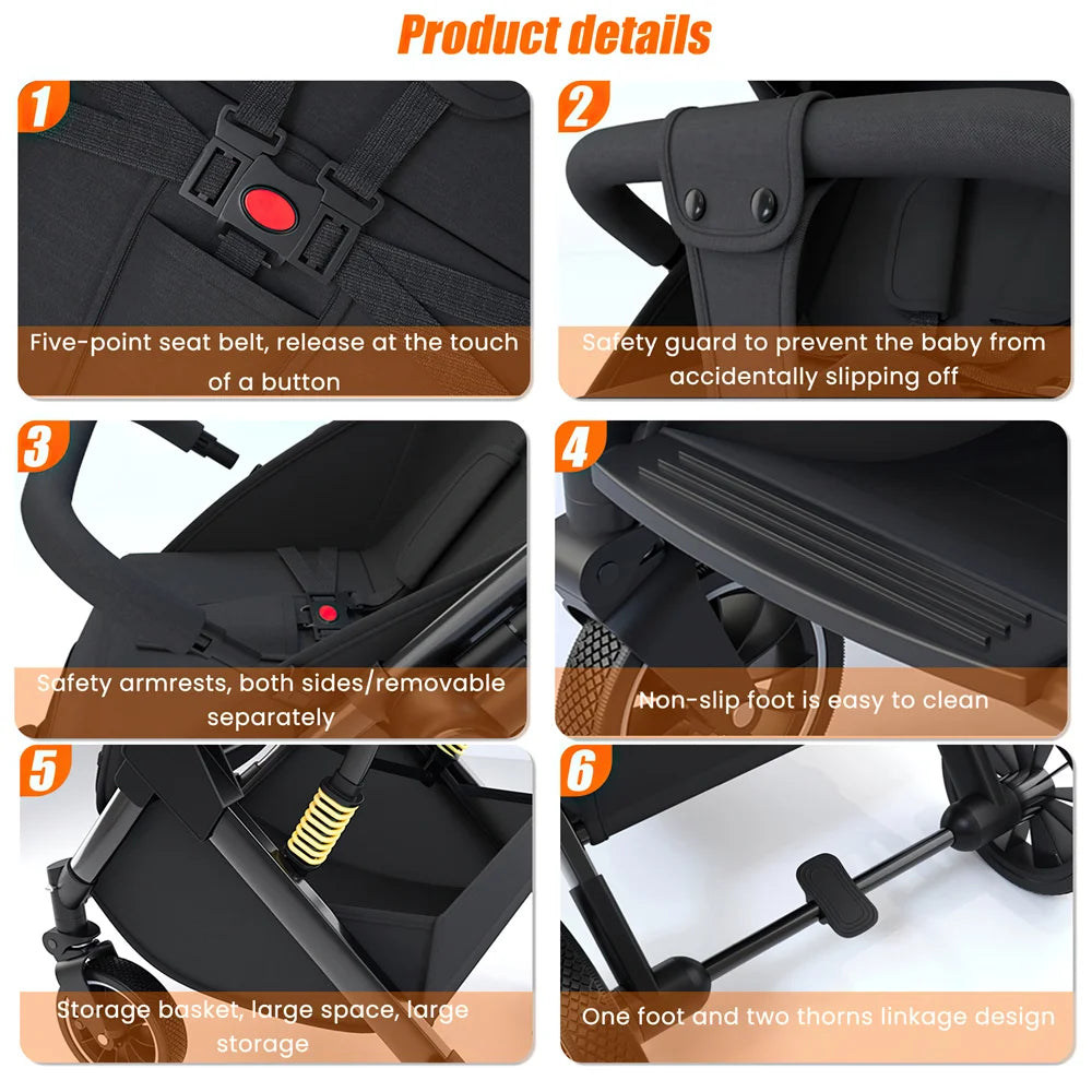 Luxurious Light High Landscape Baby Stroller leg-sapped Seat for Newborn One Hand reline Pushchair Pram Compact Size