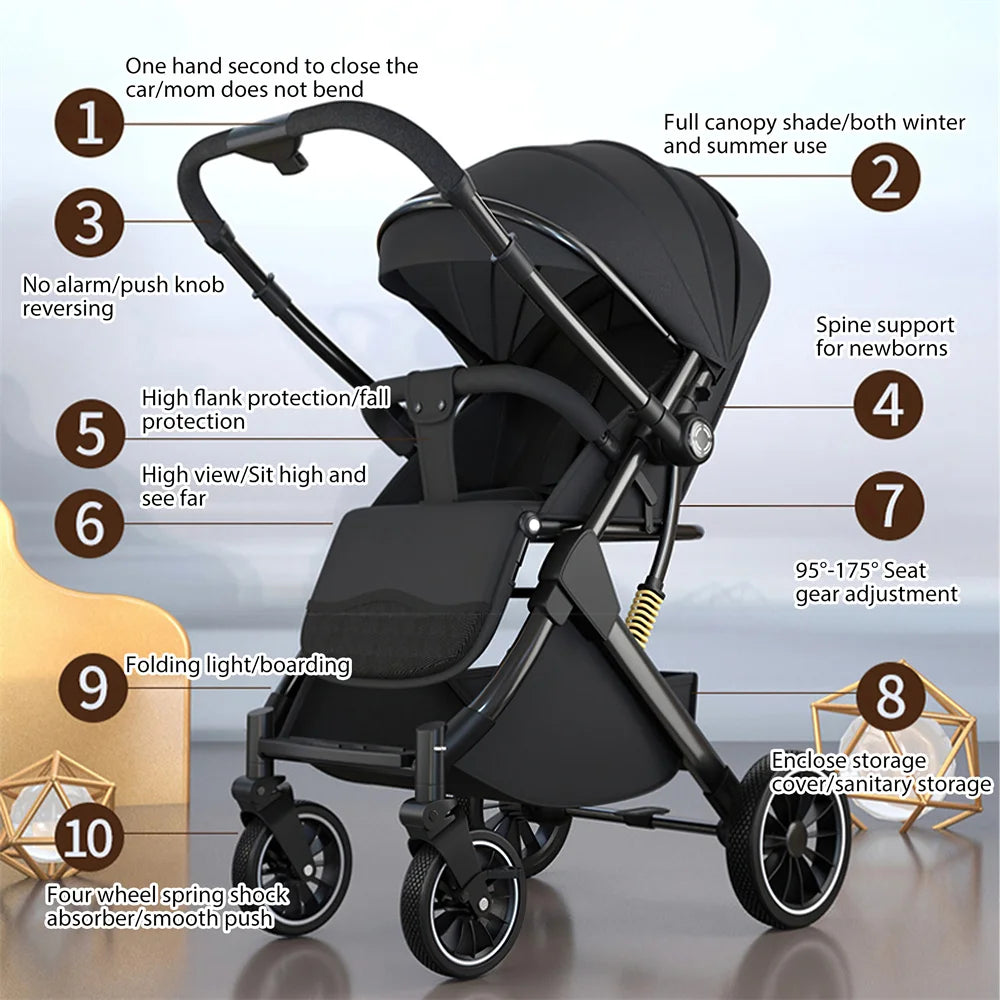 Luxurious Light High Landscape Baby Stroller leg-sapped Seat for Newborn One Hand reline Pushchair Pram Compact Size