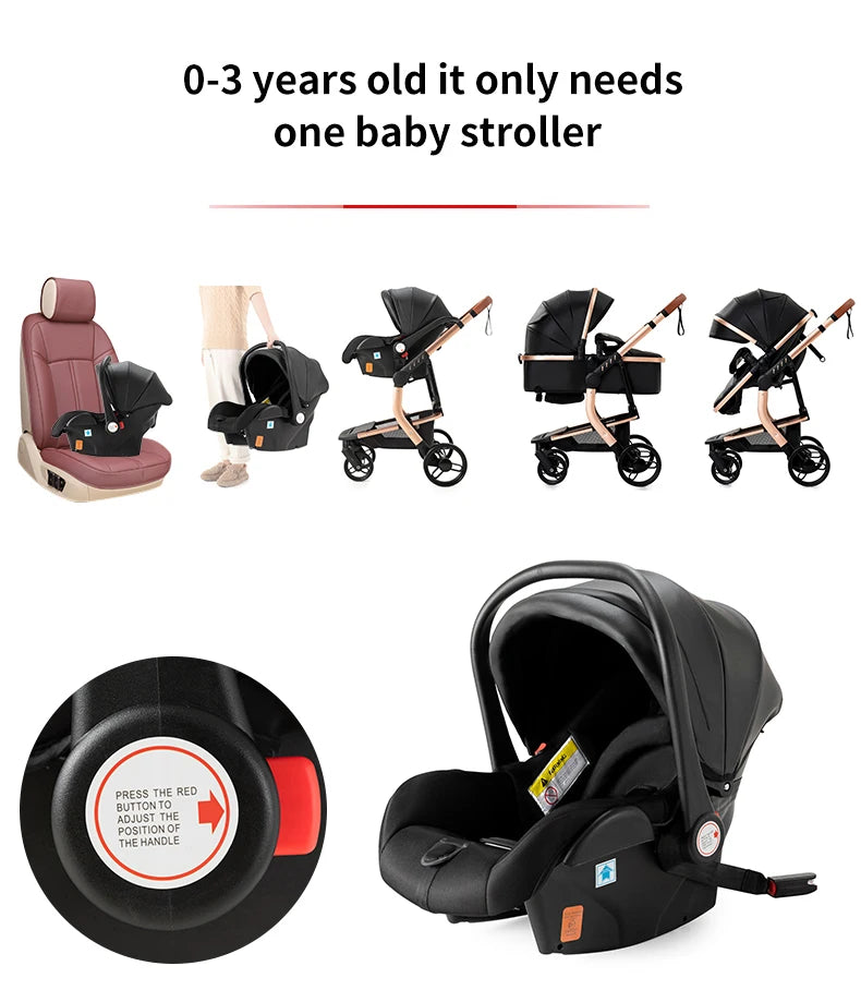 3-in-1 PU Waterproof Multi-Functional Baby Stroller Lightweight Stroller with Seat - Compact Foldable for Newborns to Toddlers
