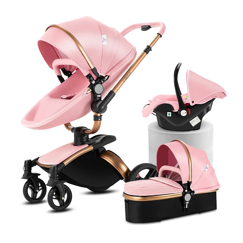 3-in-1 PU Waterproof Multi-Functional Baby Stroller Lightweight Stroller with Seat - Compact Foldable for Newborns to Toddlers