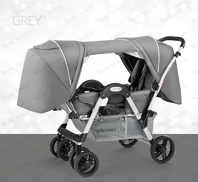 New Front and Rear Seat Twin Stroller Foldable Twin Umbrella Stroller Sitting and Reclining Twin Stroller Removable and Washable