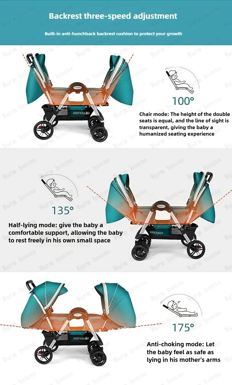 New Front and Rear Seat Twin Stroller Foldable Twin Umbrella Stroller Sitting and Reclining Twin Stroller Removable and Washable
