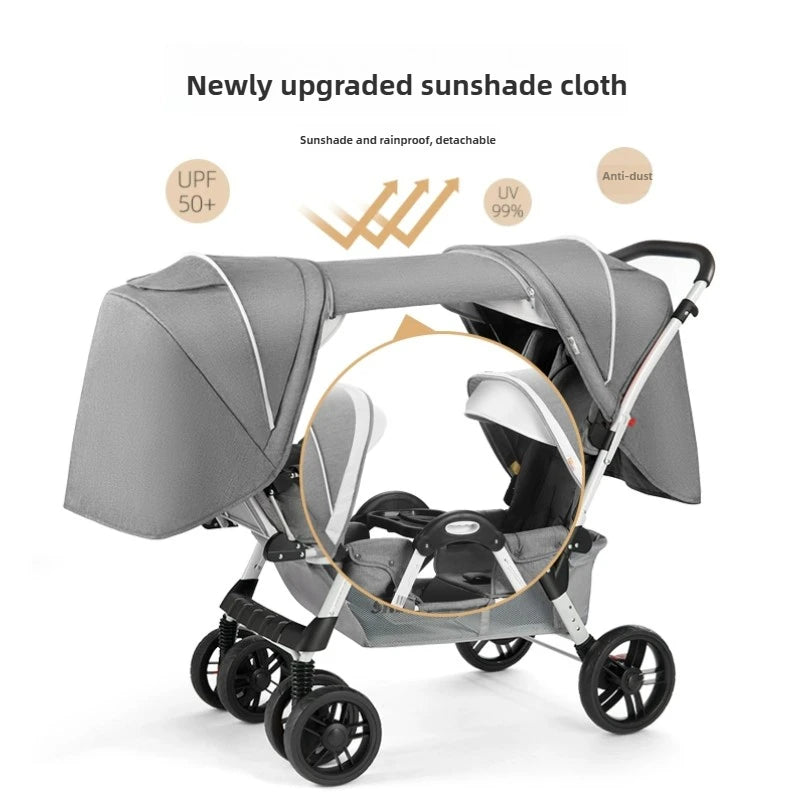 New Front and Rear Seat Twin Stroller Foldable Twin Umbrella Stroller Sitting and Reclining Twin Stroller Removable and Washable