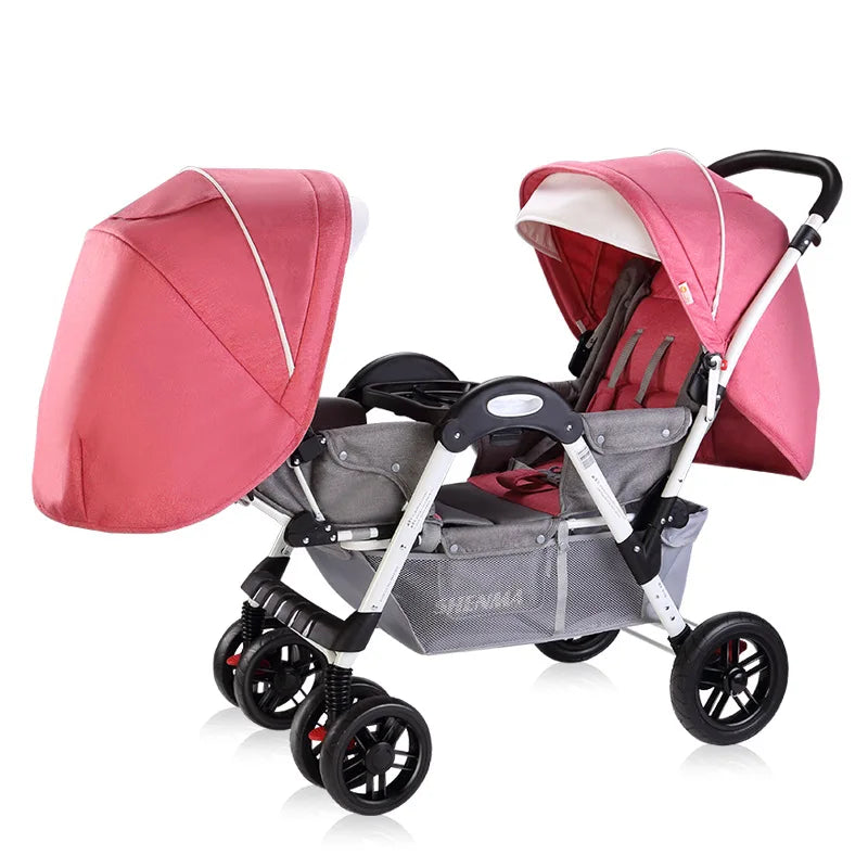 New Front and Rear Seat Twin Stroller Foldable Twin Umbrella Stroller Sitting and Reclining Twin Stroller Removable and Washable