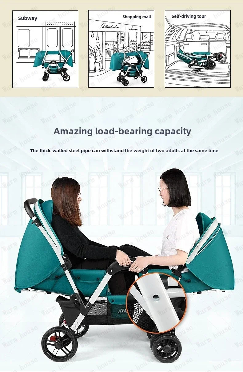 New Front and Rear Seat Twin Stroller Foldable Twin Umbrella Stroller Sitting and Reclining Twin Stroller Removable and Washable