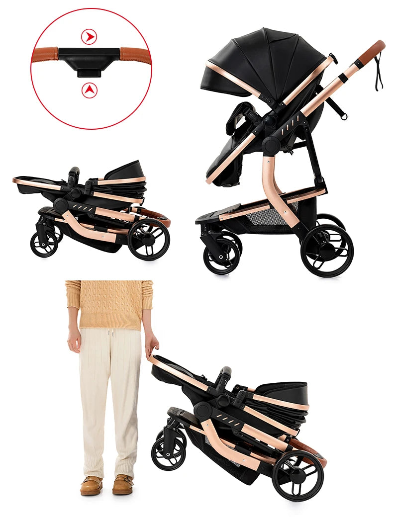 3-in-1 PU Waterproof Multi-Functional Baby Stroller Lightweight Stroller with Seat - Compact Foldable for Newborns to Toddlers