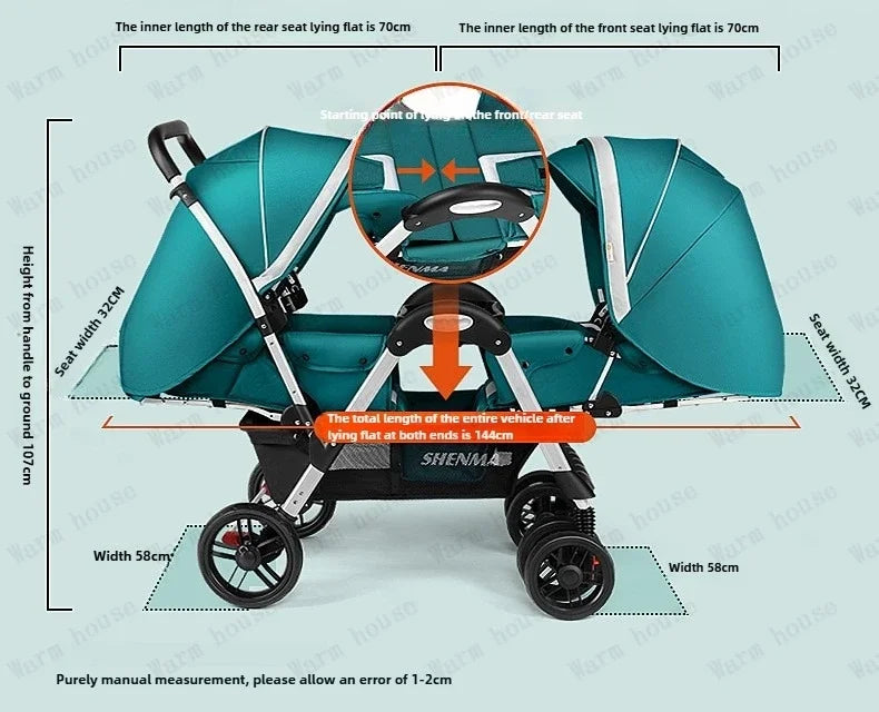 New Front and Rear Seat Twin Stroller Foldable Twin Umbrella Stroller Sitting and Reclining Twin Stroller Removable and Washable