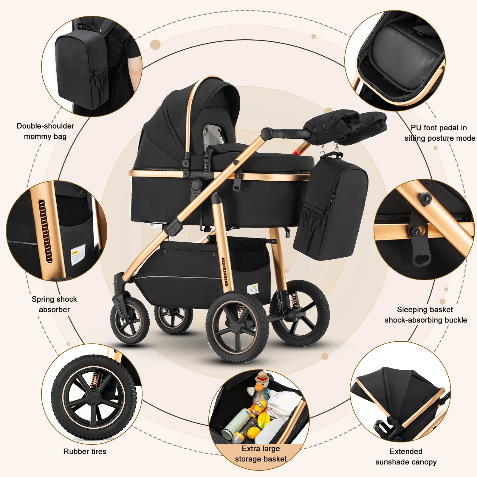Baby Stroller 3 in 1 Portable Travel Baby Carriage Luxurious Fold Pram High Landscape Aluminum Frame Newborn Infant Stroller