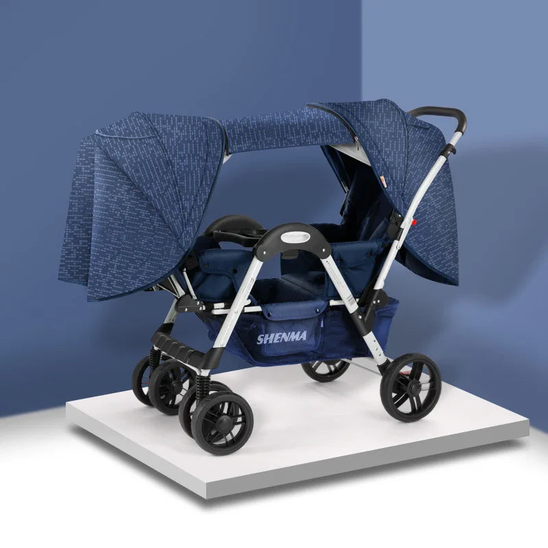 New Front and Rear Seat Twin Stroller Foldable Twin Umbrella Stroller Sitting and Reclining Twin Stroller Removable and Washable