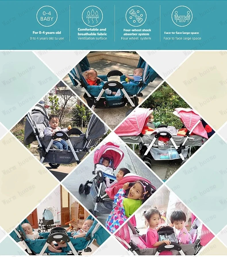 New Front and Rear Seat Twin Stroller Foldable Twin Umbrella Stroller Sitting and Reclining Twin Stroller Removable and Washable