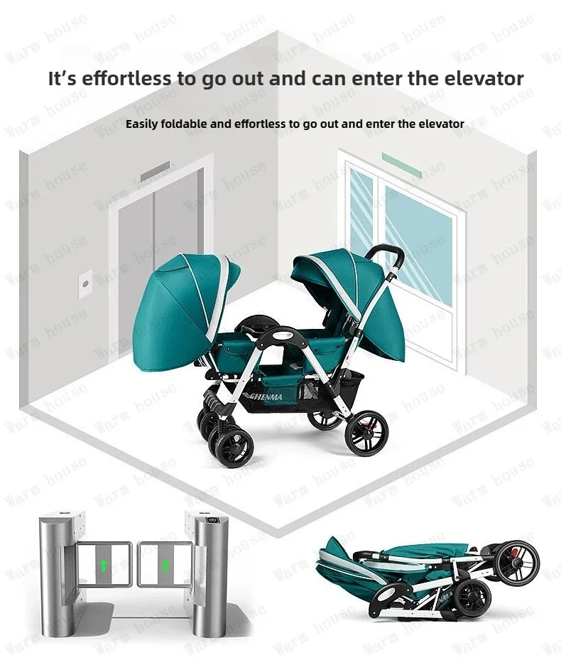 New Front and Rear Seat Twin Stroller Foldable Twin Umbrella Stroller Sitting and Reclining Twin Stroller Removable and Washable