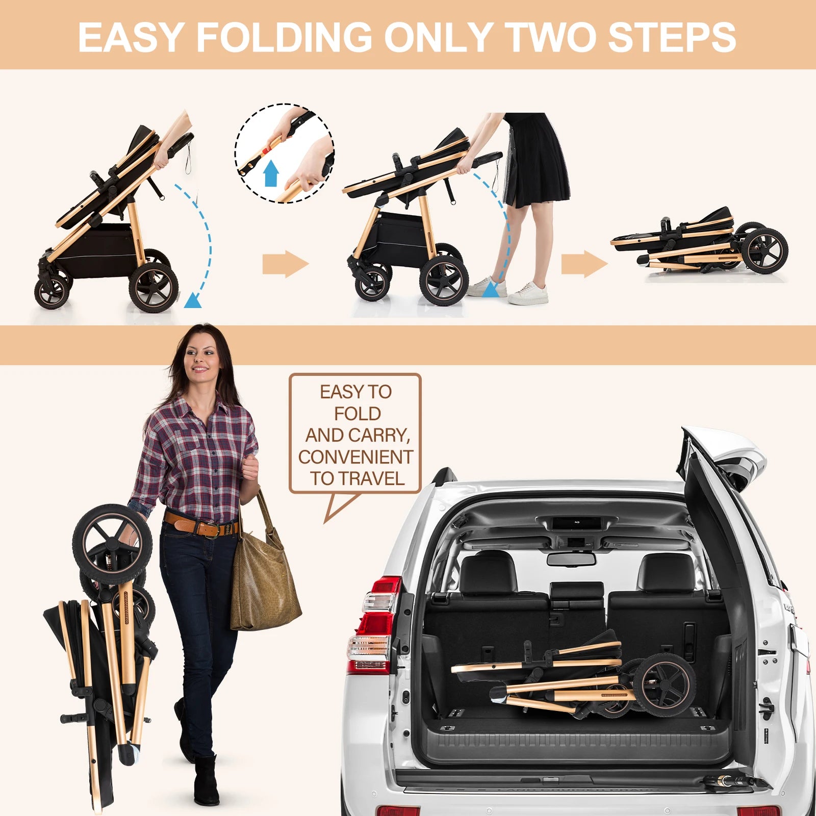Baby Stroller 3 in 1 Portable Travel Baby Carriage Luxurious Fold Pram High Landscape Aluminum Frame Newborn Infant Stroller
