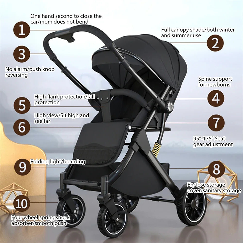 Luxurious Light High Landscape Baby Stroller leg-sapped Seat for Newborn One Hand reline Pushchair Pram Compact Size