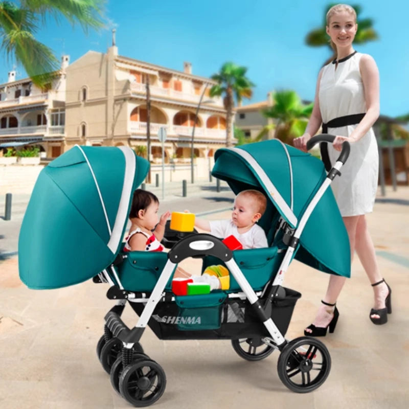 New Front and Rear Seat Twin Stroller Foldable Twin Umbrella Stroller Sitting and Reclining Twin Stroller Removable and Washable