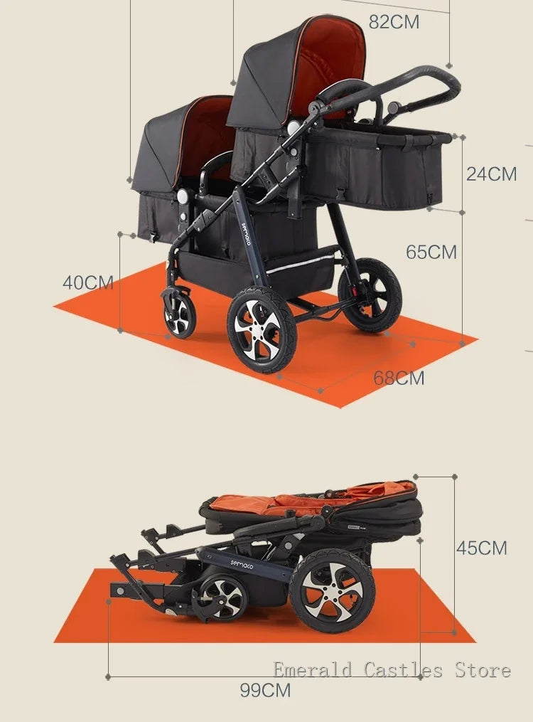 EU STOCK New Twins Baby Stroller with Four Wheels for Easy Mobility four wheels travel baby carriage, Newborn Pram,Portable