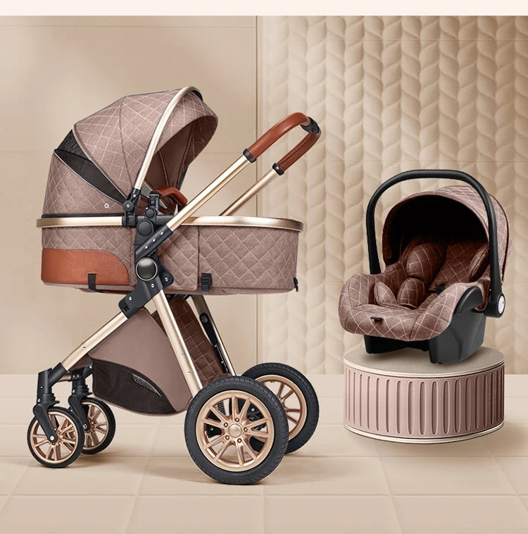 Luxury Baby Stroller 3 in 1 High Landscape Baby Cart Can Sit Can Lie Portable Pushchair Baby Cradel Infant Carrier