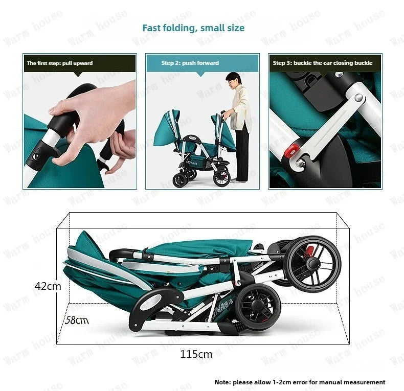 New Front and Rear Seat Twin Stroller Foldable Twin Umbrella Stroller Sitting and Reclining Twin Stroller Removable and Washable