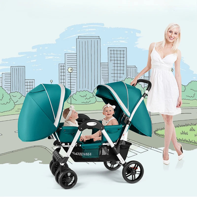 New Front and Rear Seat Twin Stroller Foldable Twin Umbrella Stroller Sitting and Reclining Twin Stroller Removable and Washable