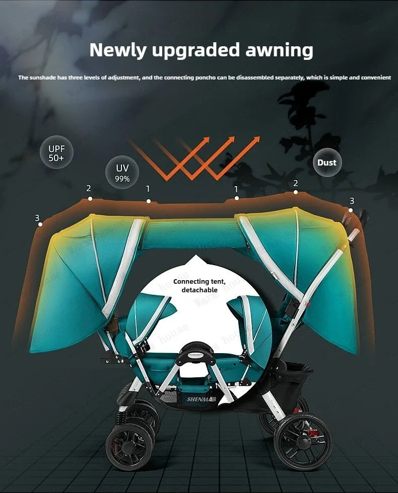New Front and Rear Seat Twin Stroller Foldable Twin Umbrella Stroller Sitting and Reclining Twin Stroller Removable and Washable