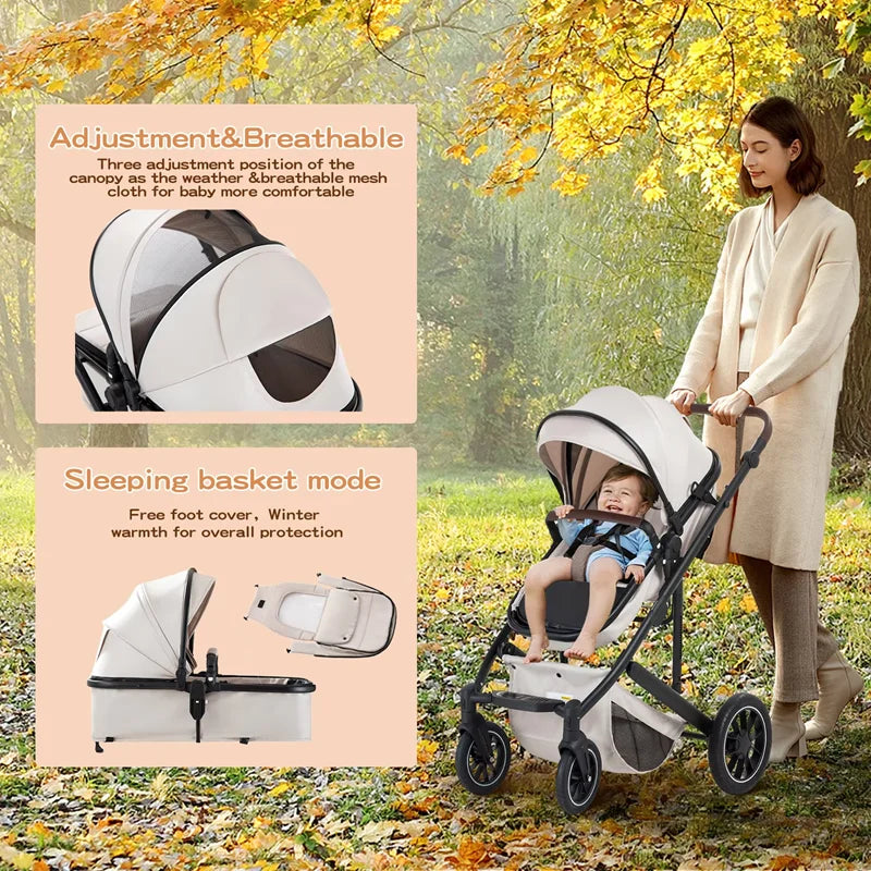 Baby Stroller 3 in 1 Portable Travel Baby Carriage Luxurious Fold Pram High Landscape Aluminum Frame Newborn Infant Stroller