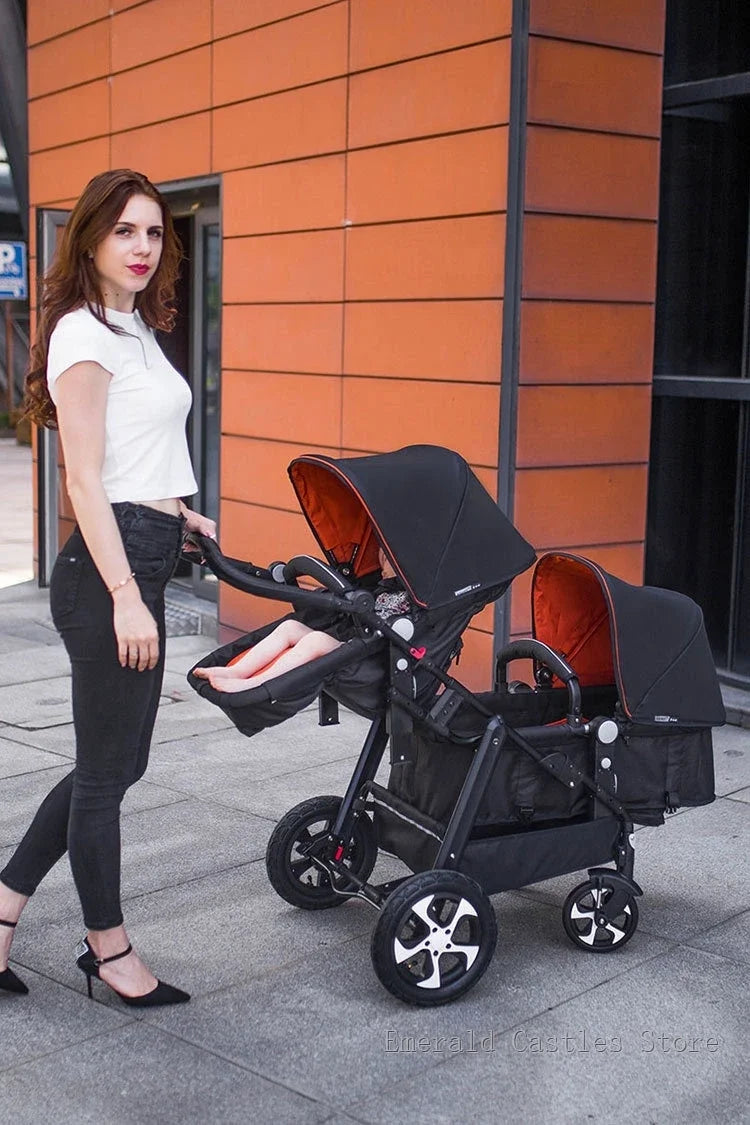 EU STOCK New Twins Baby Stroller with Four Wheels for Easy Mobility four wheels travel baby carriage, Newborn Pram,Portable