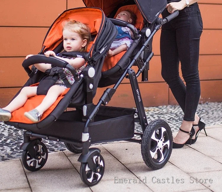 EU STOCK New Twins Baby Stroller with Four Wheels for Easy Mobility four wheels travel baby carriage, Newborn Pram,Portable