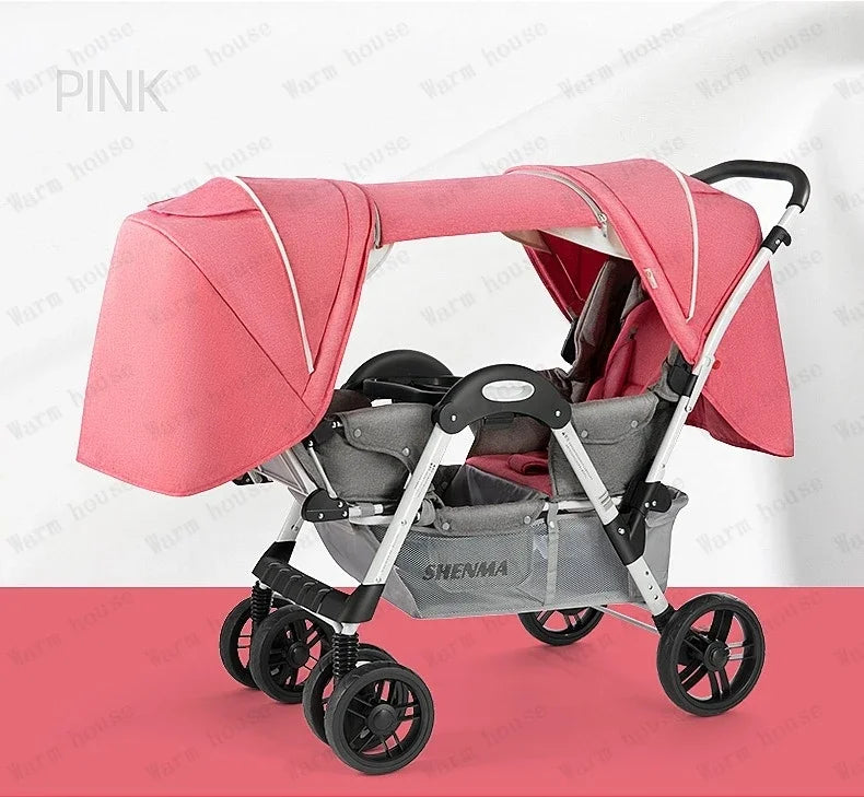 New Front and Rear Seat Twin Stroller Foldable Twin Umbrella Stroller Sitting and Reclining Twin Stroller Removable and Washable