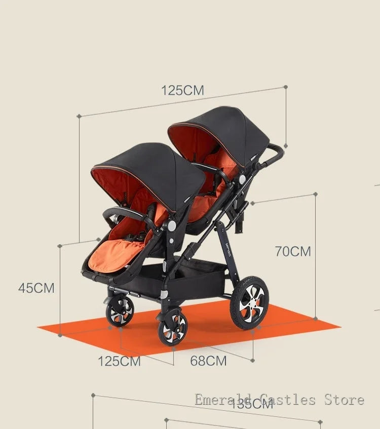 EU STOCK New Twins Baby Stroller with Four Wheels for Easy Mobility four wheels travel baby carriage, Newborn Pram,Portable