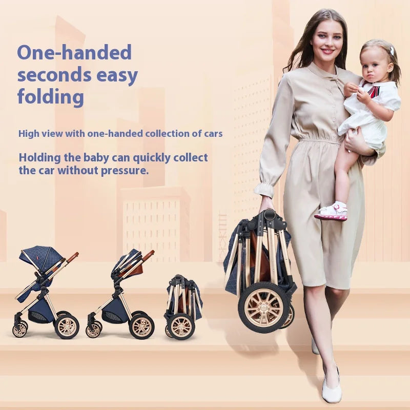 Luxury Baby Stroller 3 in 1 High Landscape Baby Cart Can Sit Can Lie Portable Pushchair Baby Cradel Infant Carrier